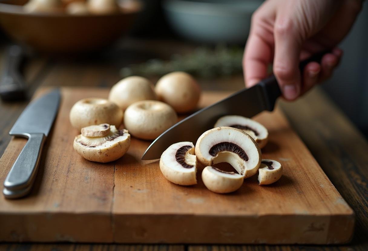 Frische Champignons werden auf einem Schneidebrett für die Sahnige Champignonrahmsuppe geschnitten.
