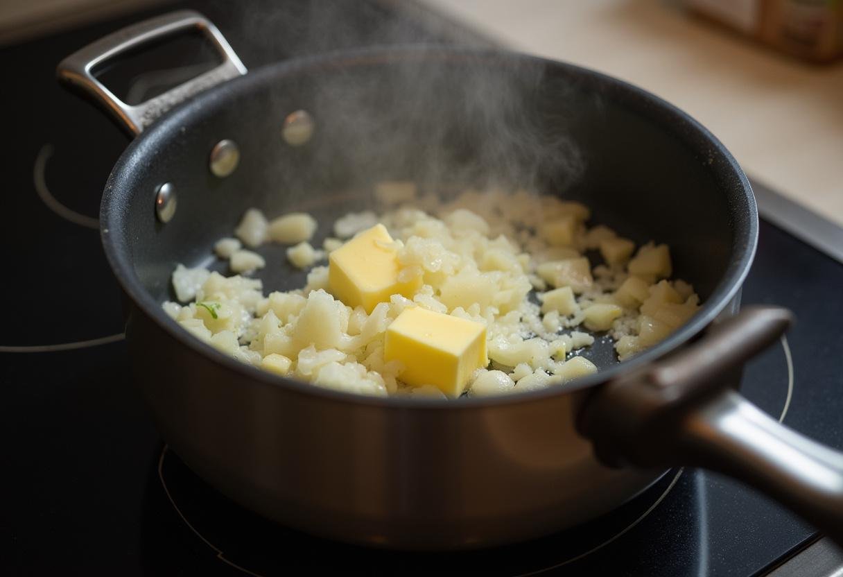 Zwiebeln und Knoblauch werden in Butter für die Champignonrahmsuppe angeschwitzt.