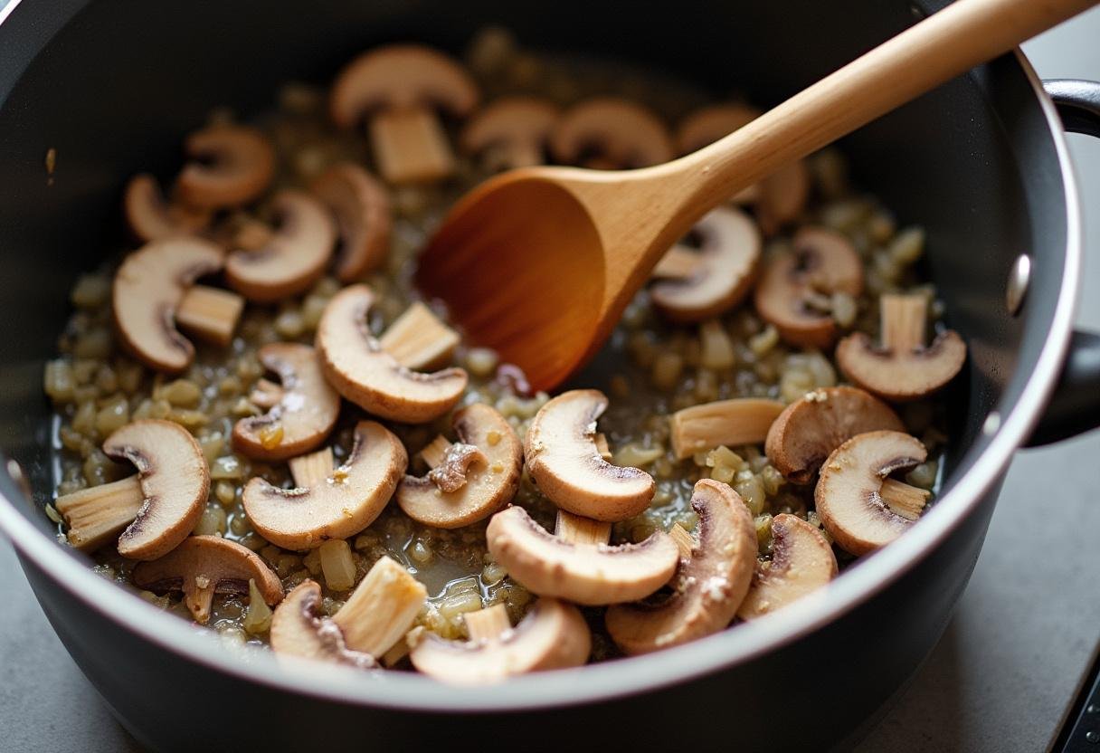 Champignons werden in der Pfanne mit Zwiebeln und Knoblauch für die Rahmsuppe gebraten.