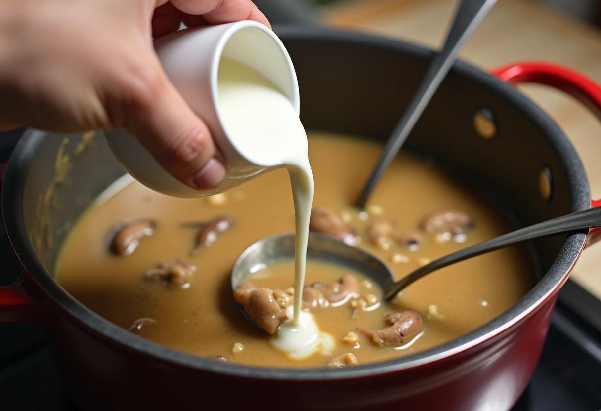 Sahne wird in die Champignonmischung für die cremige Suppe gegeben.