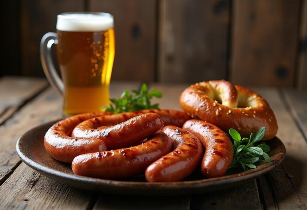 Fertige scharfe Bockwurst mit Senfexplosion, serviert mit Brezel und Bier, typisch deutsche Küche.