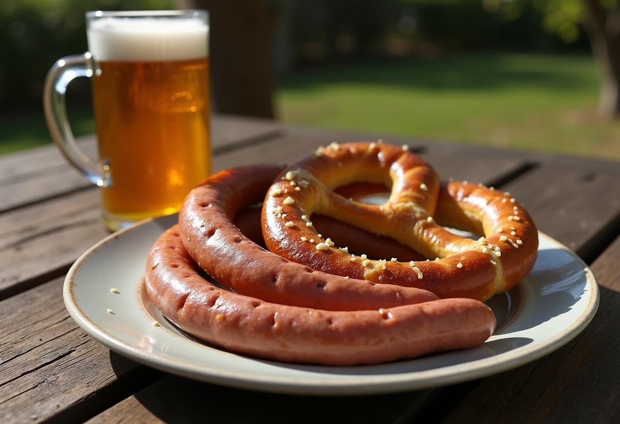 Fertige scharfe Bockwurst mit Senfexplosion, serviert mit Brezel und Bier, typisch deutsche Küche.
