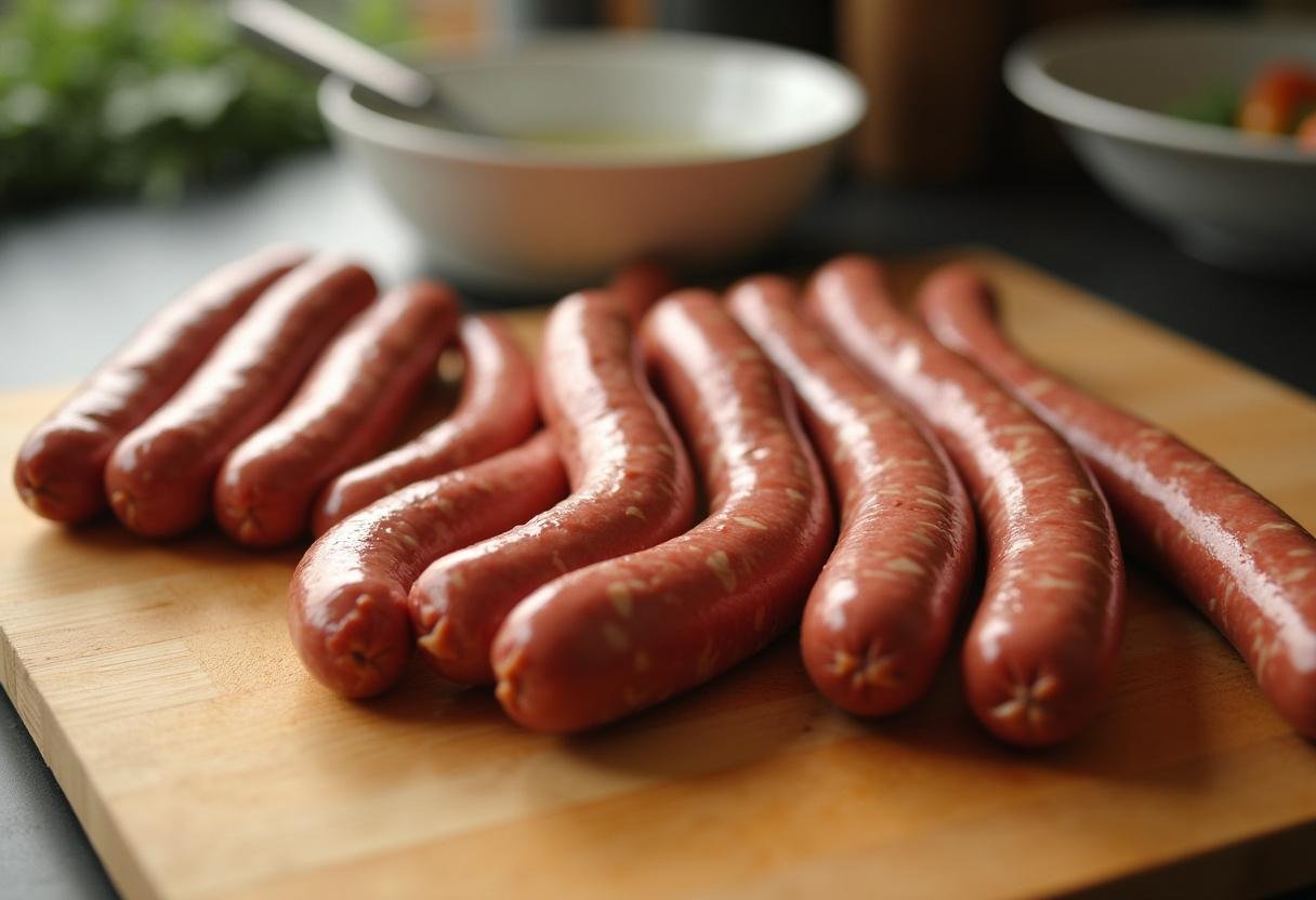Frische Bockwürste auf einem Schneidebrett für scharfe Bockwurst mit Senfexplosion.