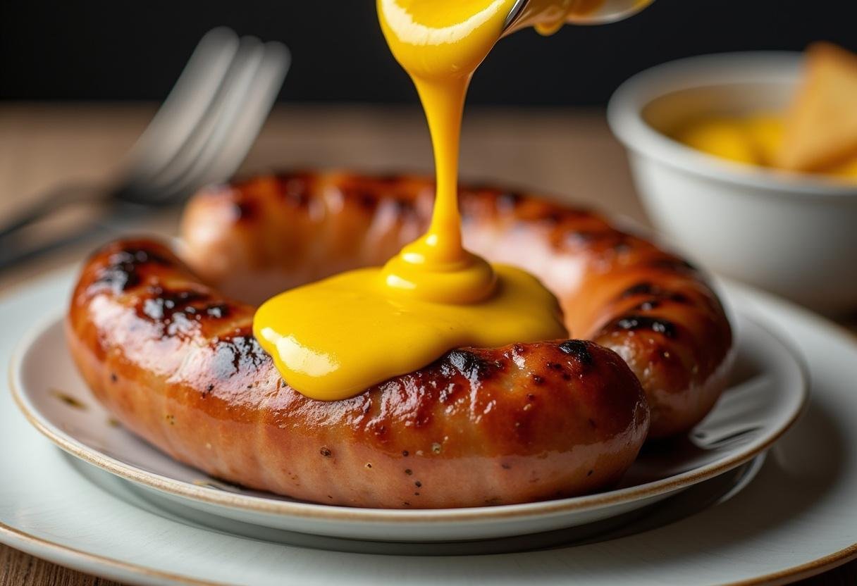 Gegrillte Bockwurst mit einer großzügigen Portion scharfem Senf übergossen.