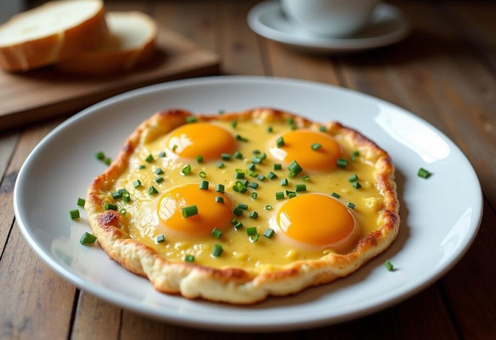 Fertiges traditionelles Bauernfrühstück, goldbraun und locker, garniert mit frischem Schnittlauch auf einem rustikalen Holztisch.