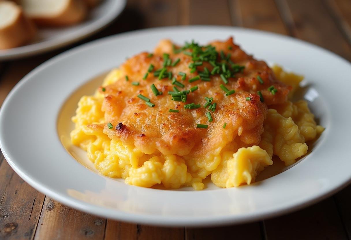 Fertiges traditionelles Bauernfrühstück, goldbraun und locker, garniert mit frischem Schnittlauch auf einem rustikalen Holztisch.
