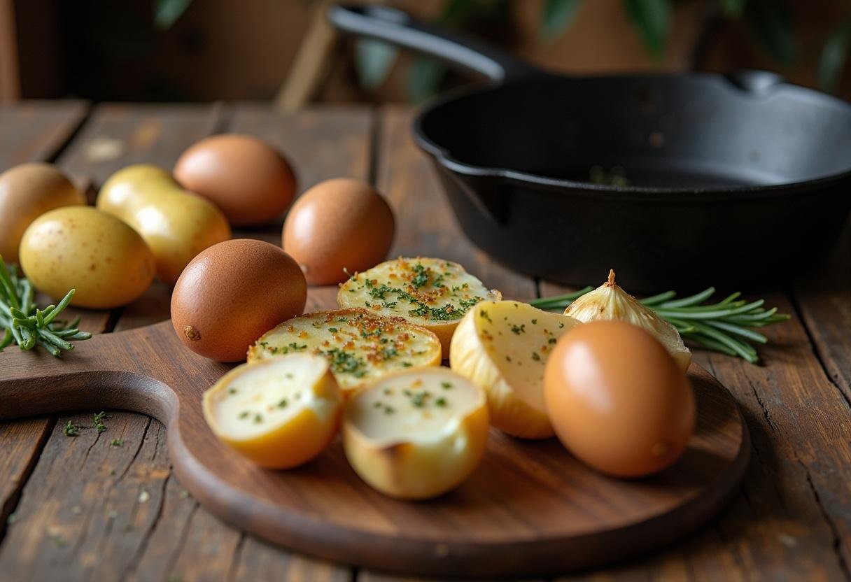 Frische Zutaten wie Kartoffeln, Zwiebeln und Eier für ein traditionelles Bauernfrühstück auf einem rustikalen Holztisch.