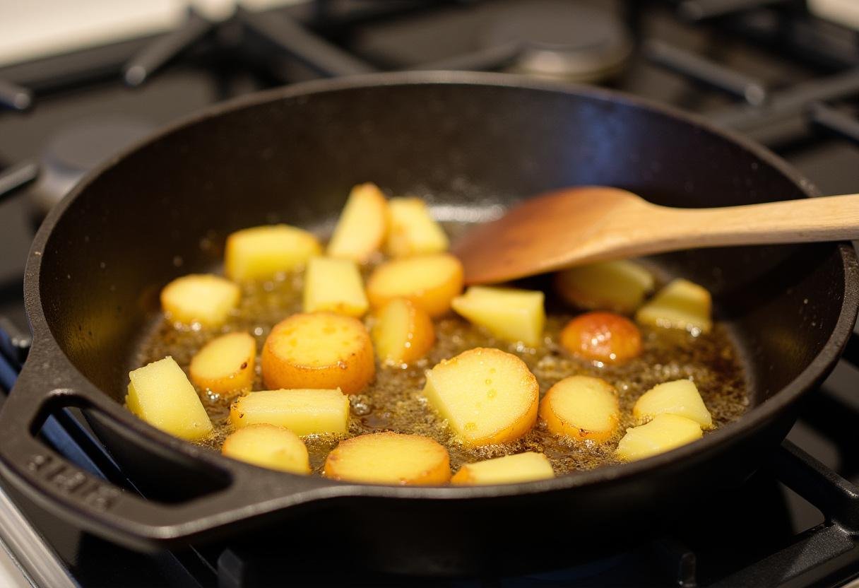 Gebratene Kartoffelscheiben in Butter in einer gusseisernen Pfanne für ein Bauernfrühstück.