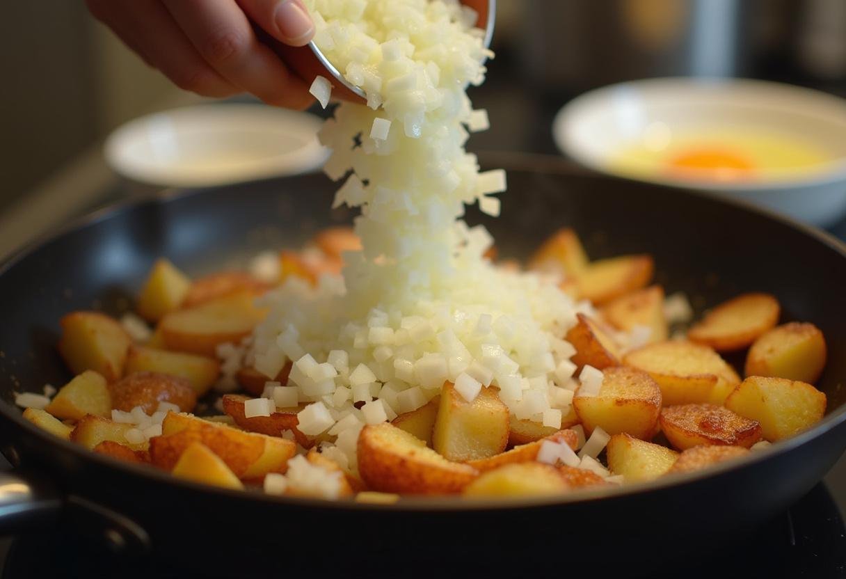 Zwiebelwürfel werden zu den gebratenen Kartoffeln in der Pfanne gegeben für ein herzhaftes Bauernfrühstück.
