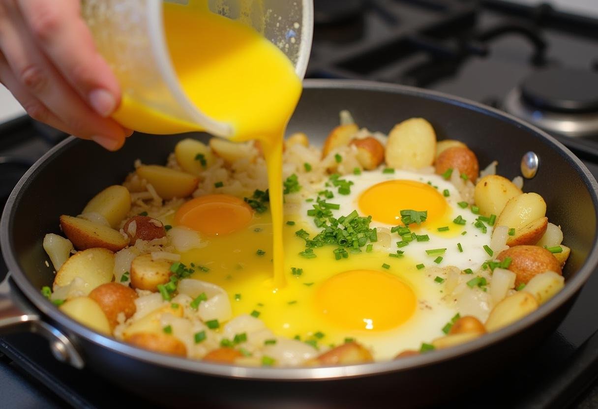 Verquirlte Eier werden über die Kartoffeln und Zwiebeln in der Pfanne gegossen für ein traditionelles Bauernfrühstück.