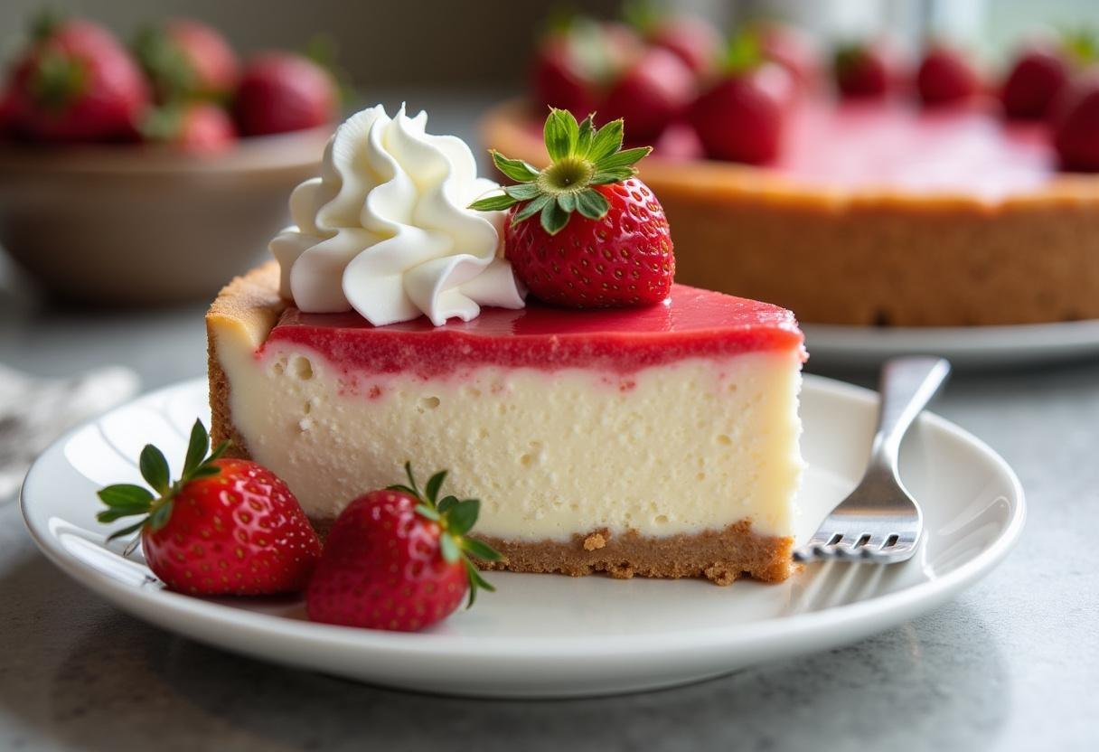 Delicious slice of Ultimate Strawberry Cheesecake with strawberries and whipped cream, perfect for dessert.