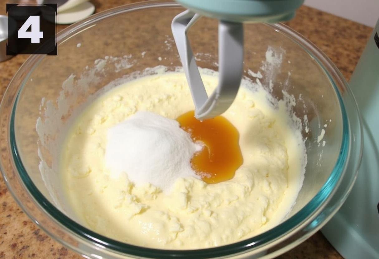 Cream cheese mixture being prepared for the filling of the Ultimate Strawberry Cheesecake.