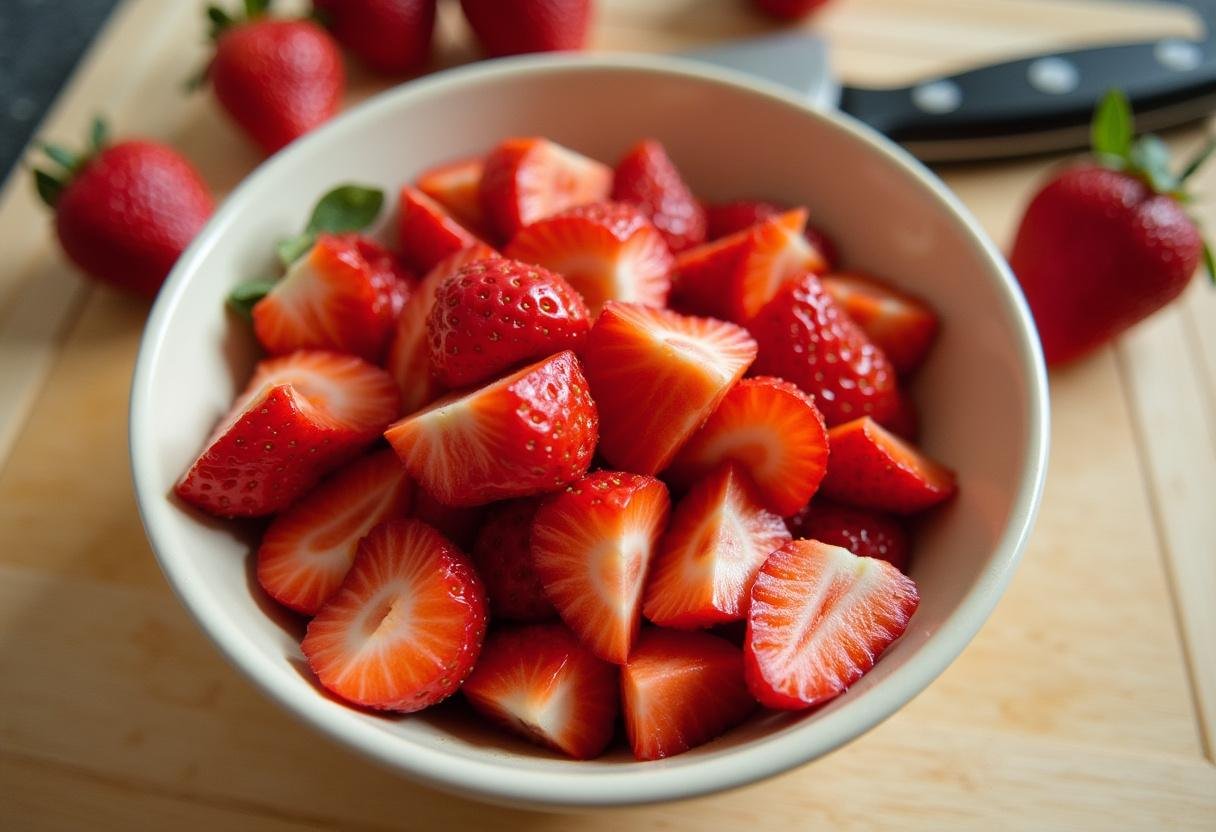 Fresh strawberries being chopped for the topping of the Ultimate Strawberry Cheesecake.