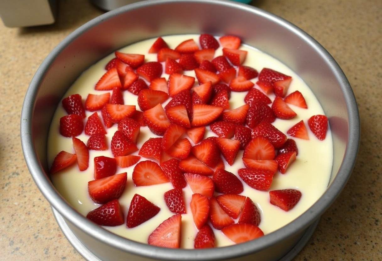 Springform pan with cheesecake mixture and strawberries, ready to chill for the Ultimate Strawberry Cheesecake.
