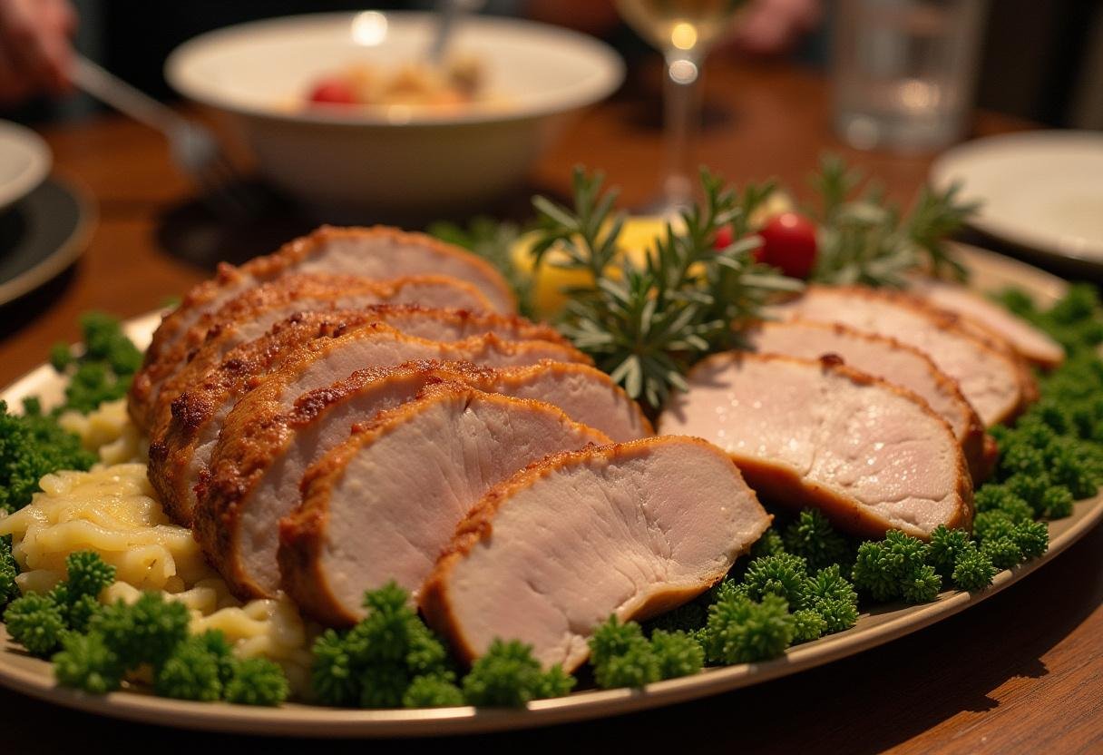 Winterliche Gänsebratenfeier mit saftigem Gänsebraten, Klößen und Rotkohl, perfekt für festliche Anlässe.