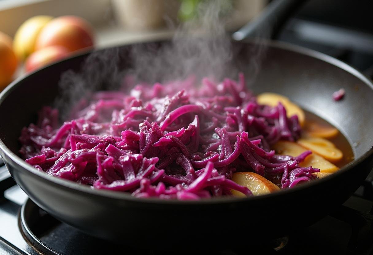 Rotkohl mit Äpfeln und Gewürzen köcheln für die Winterliche Gänsebratenfeier.