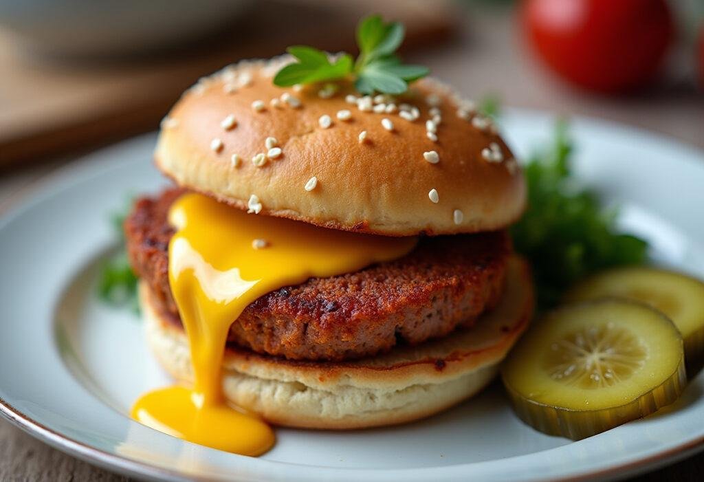 Fertiges würziges Leberkäsbrötchen mit Senfexplosion, serviert mit Gurken und frischem Grün.