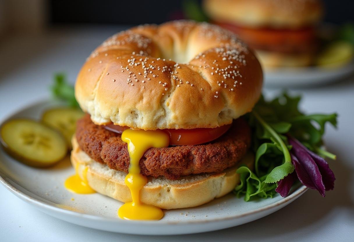 Fertiges würziges Leberkäsbrötchen mit Senfexplosion, serviert mit Gurken und frischem Grün.