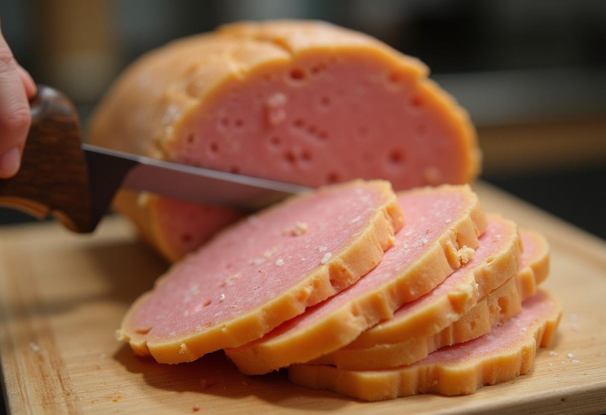 Frischer Leberkäse wird in dicke Scheiben geschnitten für würzige Leberkäsbrötchen.