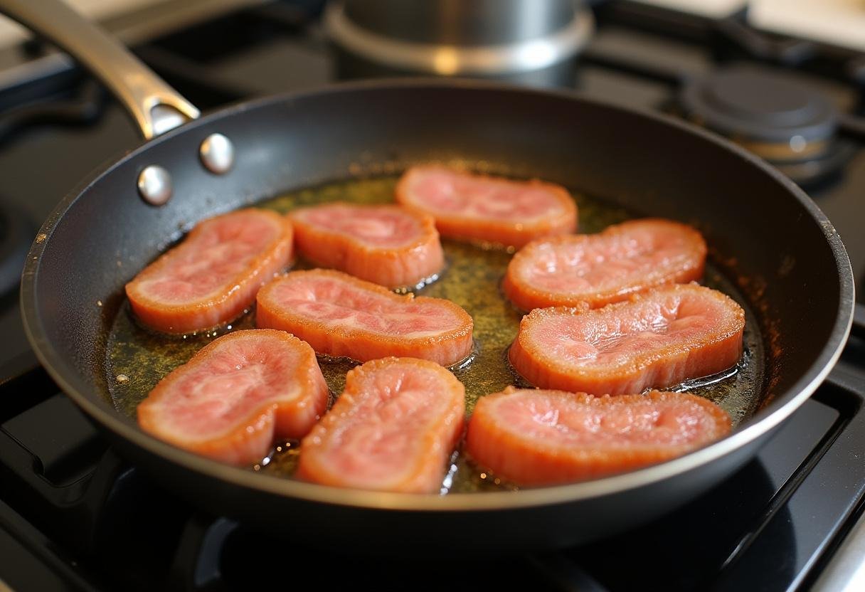 Leberkäse-Scheiben werden in Butter knusprig gebraten für Brötchen.