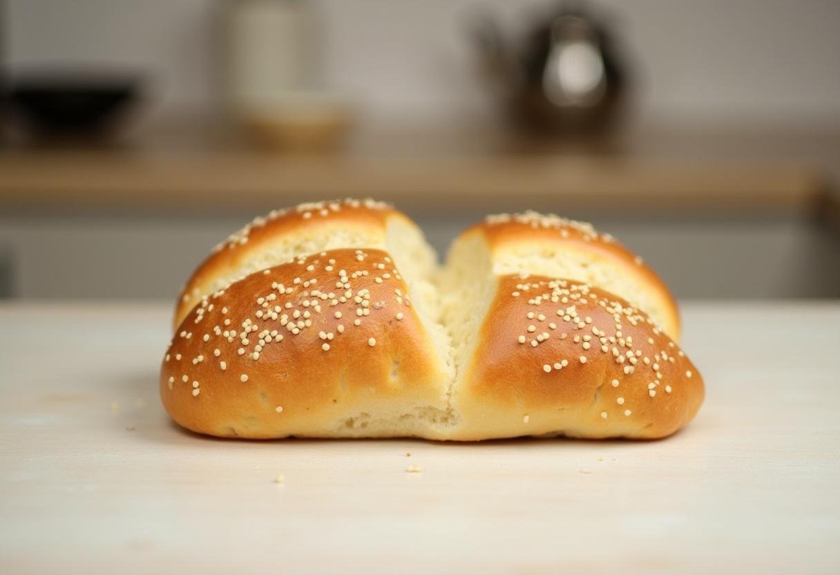Brötchen wird aufgeschnitten für die Füllung mit Leberkäse.