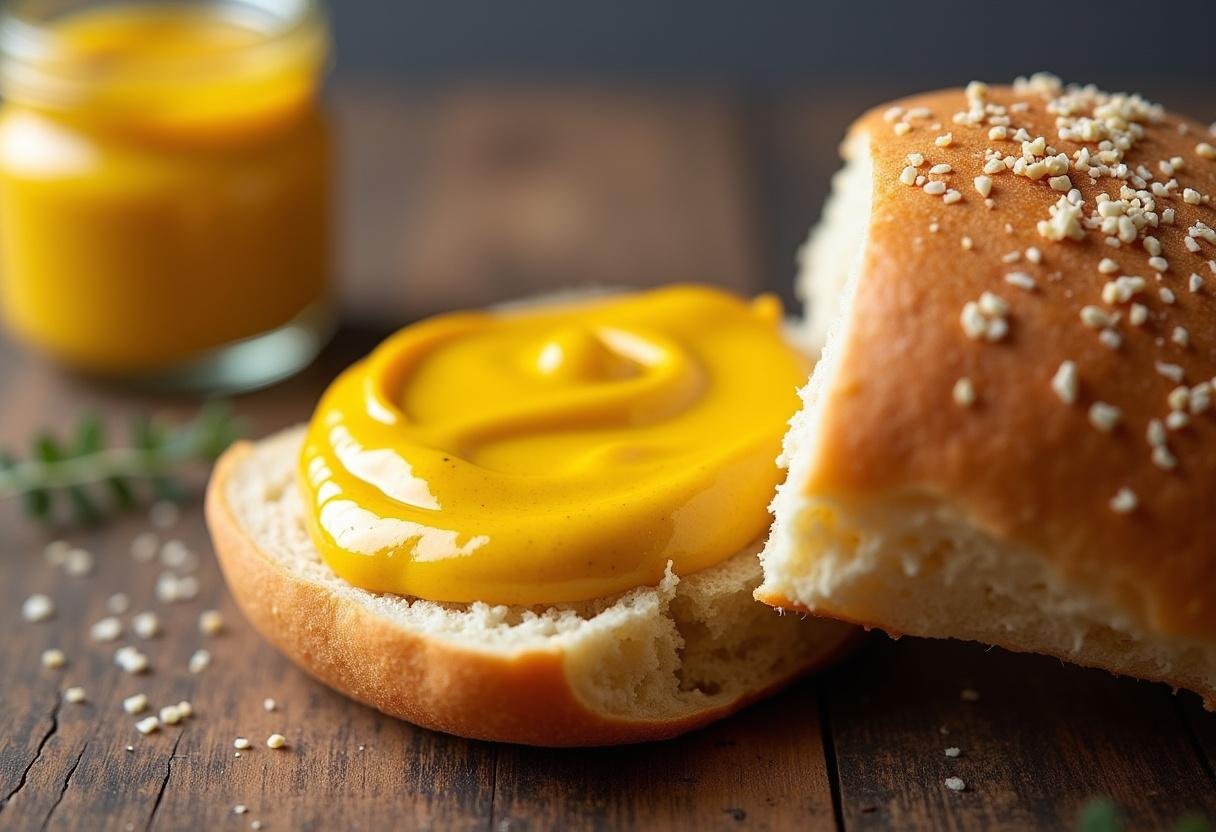 Würziger Senf wird ins Brötchen gestrichen für eine geschmackvolle Füllung.