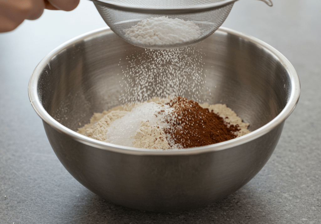 Sifting dry ingredients for Fruchtige Schwarzwälder Kirschtorte der Verführung.