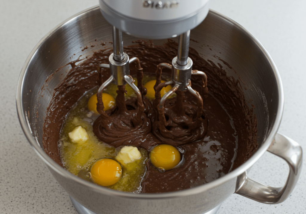 Mixing wet and dry ingredients for the chocolate cake base of Fruchtige Schwarzwälder Kirschtorte.