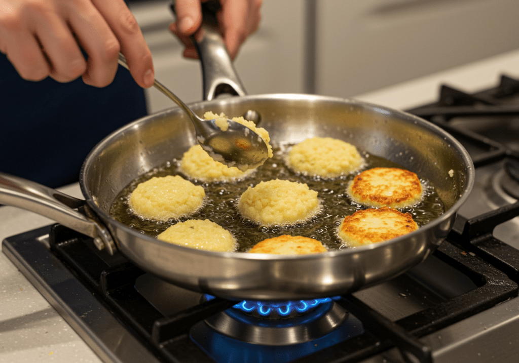 Kartoffelpuffer werden in heißem Öl in einer Pfanne goldbraun gebraten.
