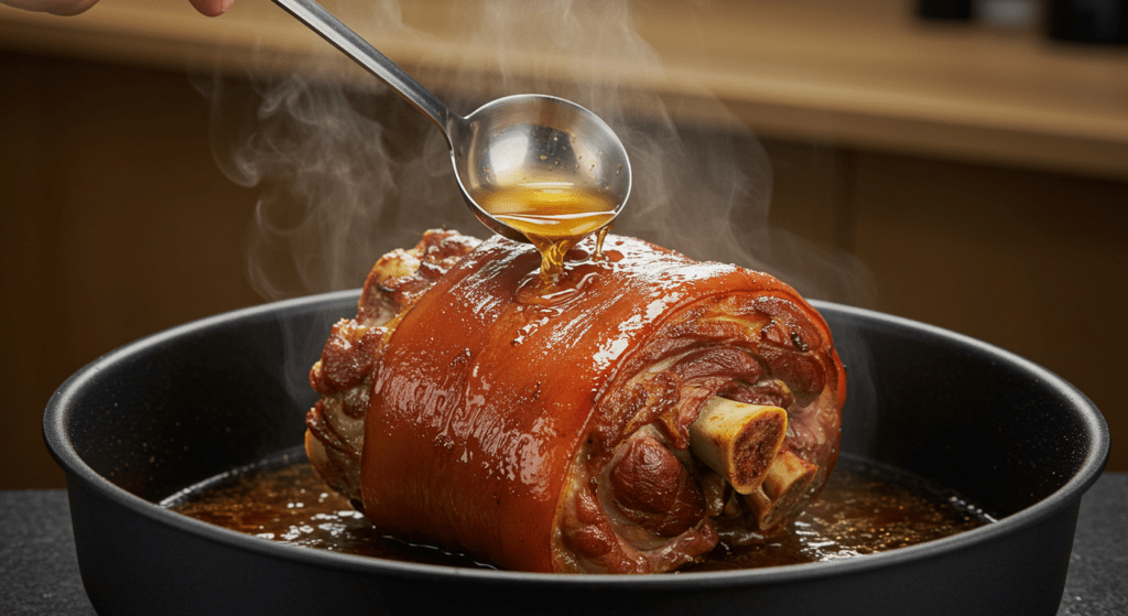 Schweinshaxe wird mit Bier oder Brühe übergossen für mehr Geschmack beim Braten.
