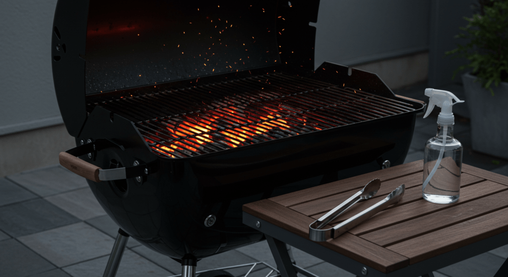 Holzkohlegrill mit glühenden Kohlen bereit für das Grillen der Bratwurst.