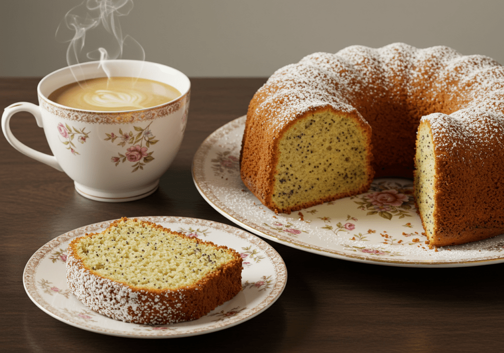 Fertiger Reichhaltiger Mohnkuchen der Oma mit Puderzucker bestäubt und serviert.