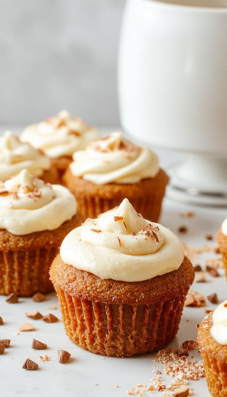A row of fluffy pumpkin cupcakes topped with smooth, creamy frosting and a sprinkle of cinnamon on a rustic white plate. The cupcakes have a golden-brown crust with a vibrant orange pumpkin hue, and the frosting is swirled elegantly on top, creating a tempting presentation.