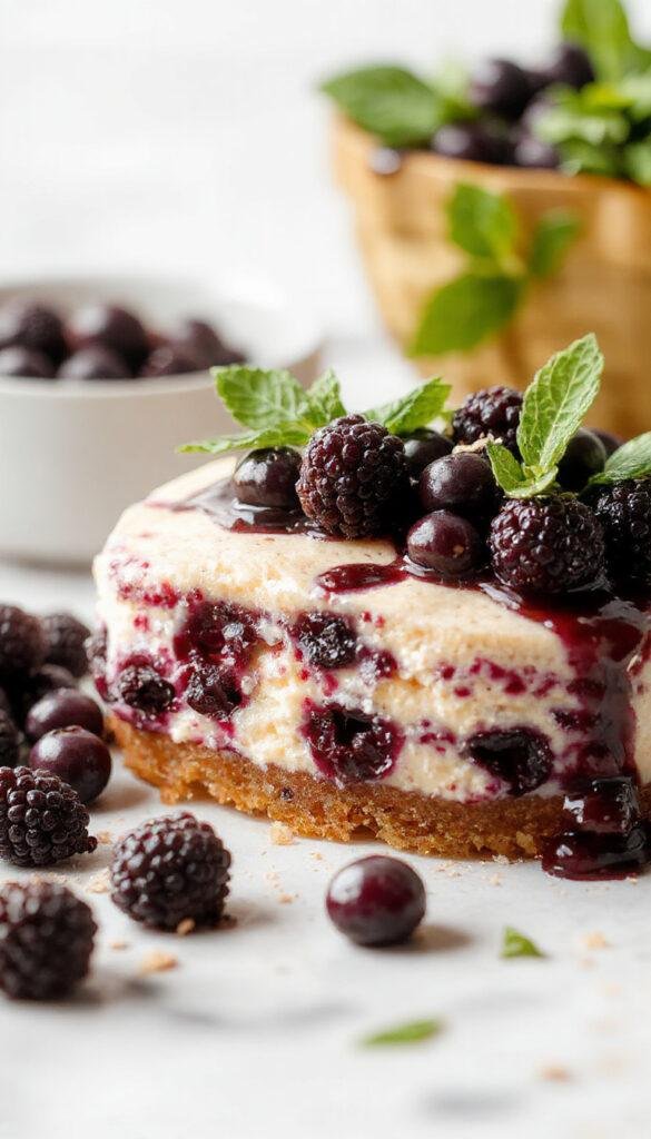 A slice of Midnight Blueberry Cheesecake on a white plate, showcasing a vibrant blue topping with whole blueberries and a crumbly golden crust. The smooth, creamy cheesecake is complemented by a dark blue glaze that contrasts beautifully with the light interior, garnished with a few fresh blueberries and a sprig of mint.