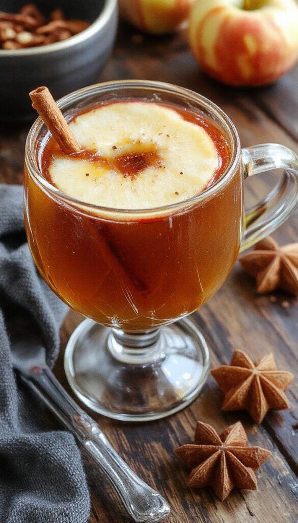 A steaming mug of spiced apple cider with a cinnamon stick and slices of fresh apple on top, surrounded by whole spices like cloves and star anise. The drink is served in a rustic ceramic mug, with a warm amber hue and a frothy surface, set on a wooden table with fallen autumn leaves in the background.