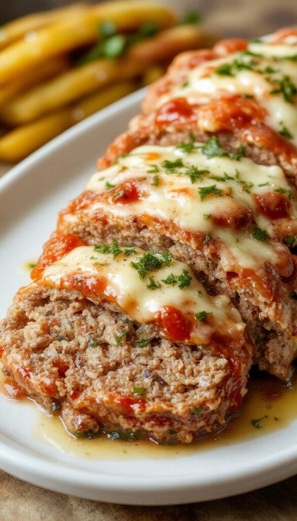 A sliced stuffed Italian meatloaf revealing a savory filling of melted cheese and herbs inside a golden-brown crust, garnished with fresh basil and cherry tomatoes on a rustic wooden platter.