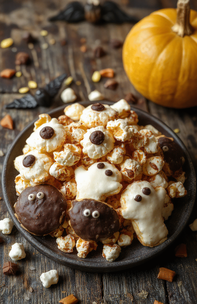 A colorful Halloween-themed platter with creepy eye ball popcorn, ghost shaped cookies, witch finger pretzels, and bright orange and black candies, styled on a rustic wooden table with spooky decorations, vibrant colors, and playful presentation.
