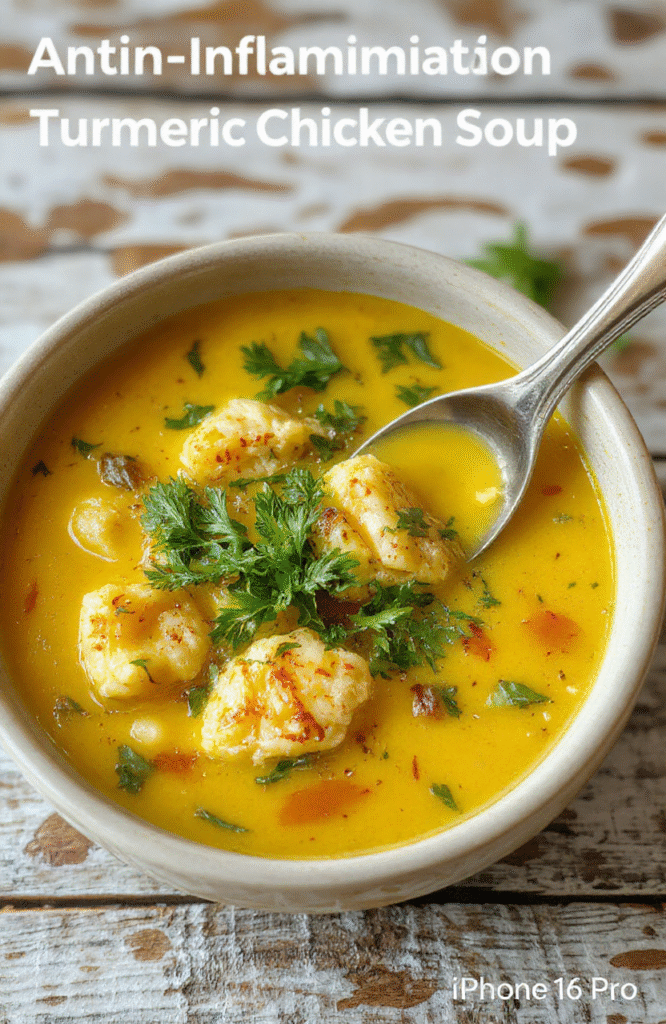 A vibrant bowl of golden turmeric chicken soup garnished with fresh herbs, sliced vegetables, and tender shredded chicken on a rustic wooden table, styled with a cozy napkin and spoon, highlighting textures and warm colors.