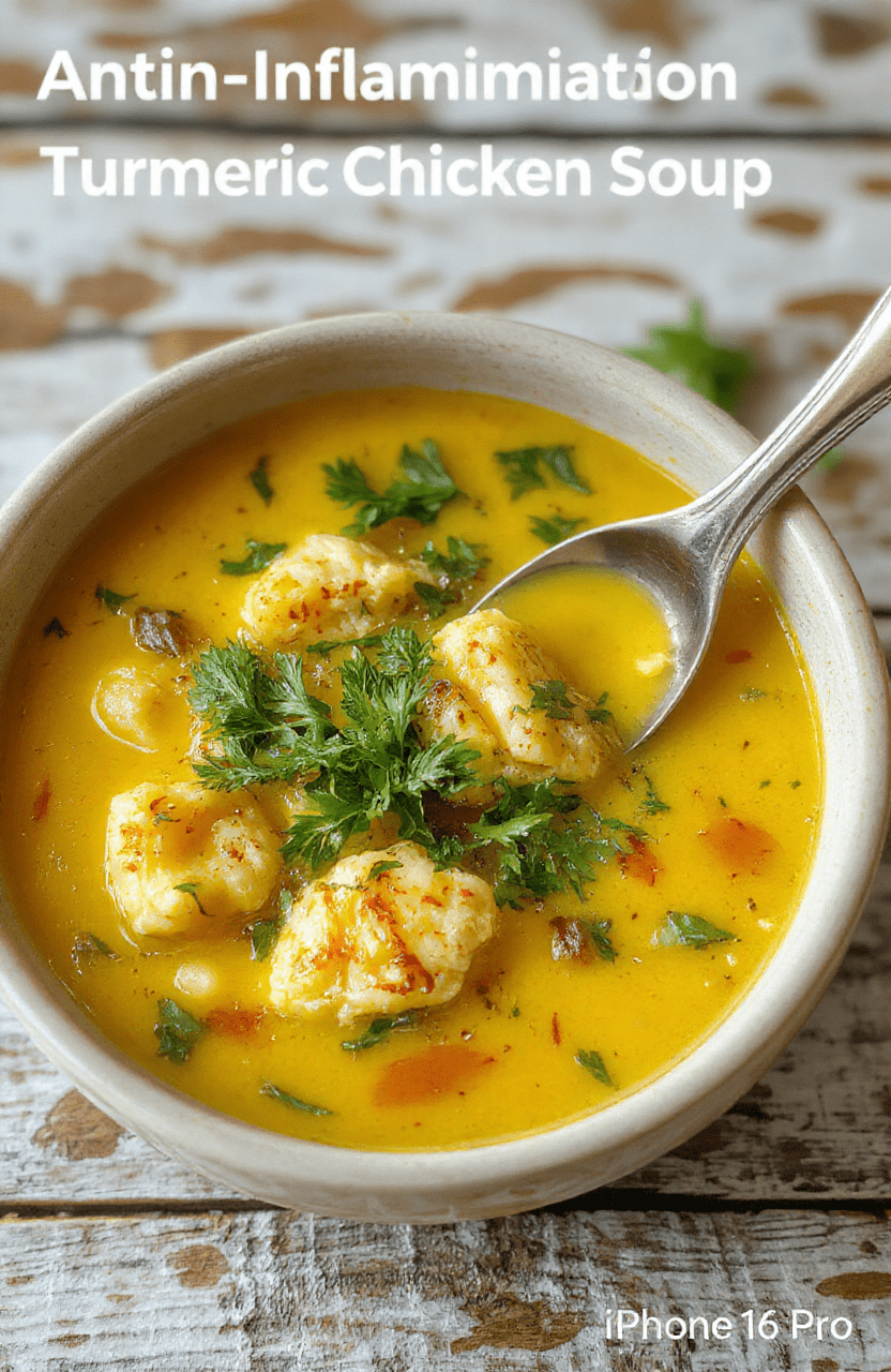 A vibrant bowl of golden turmeric chicken soup garnished with fresh herbs, sliced vegetables, and tender shredded chicken on a rustic wooden table, styled with a cozy napkin and spoon, highlighting textures and warm colors.