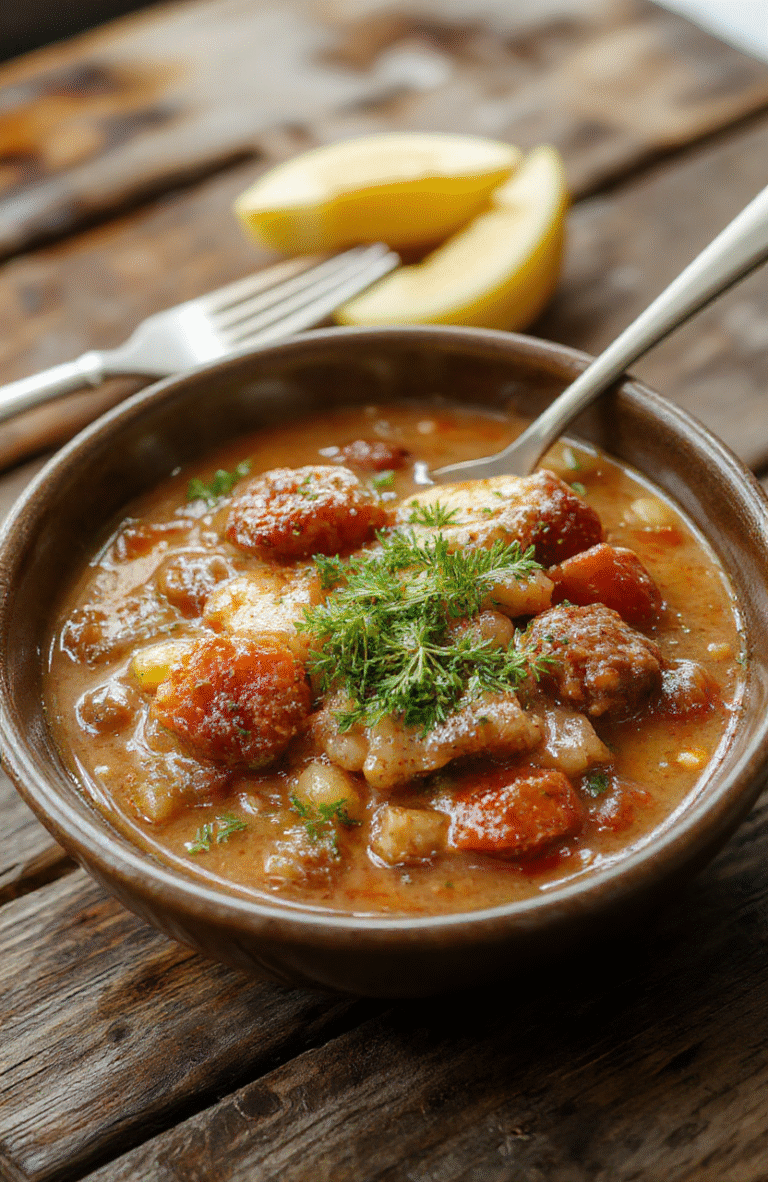 A vibrant bowl of steaming German goulash with chunks of tender beef, rich red sauce, and colorful vegetables, garnished with fresh herbs, on a rustic wooden table.