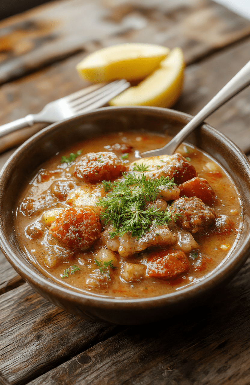 A vibrant bowl of steaming German goulash with chunks of tender beef, rich red sauce, and colorful vegetables, garnished with fresh herbs, on a rustic wooden table.