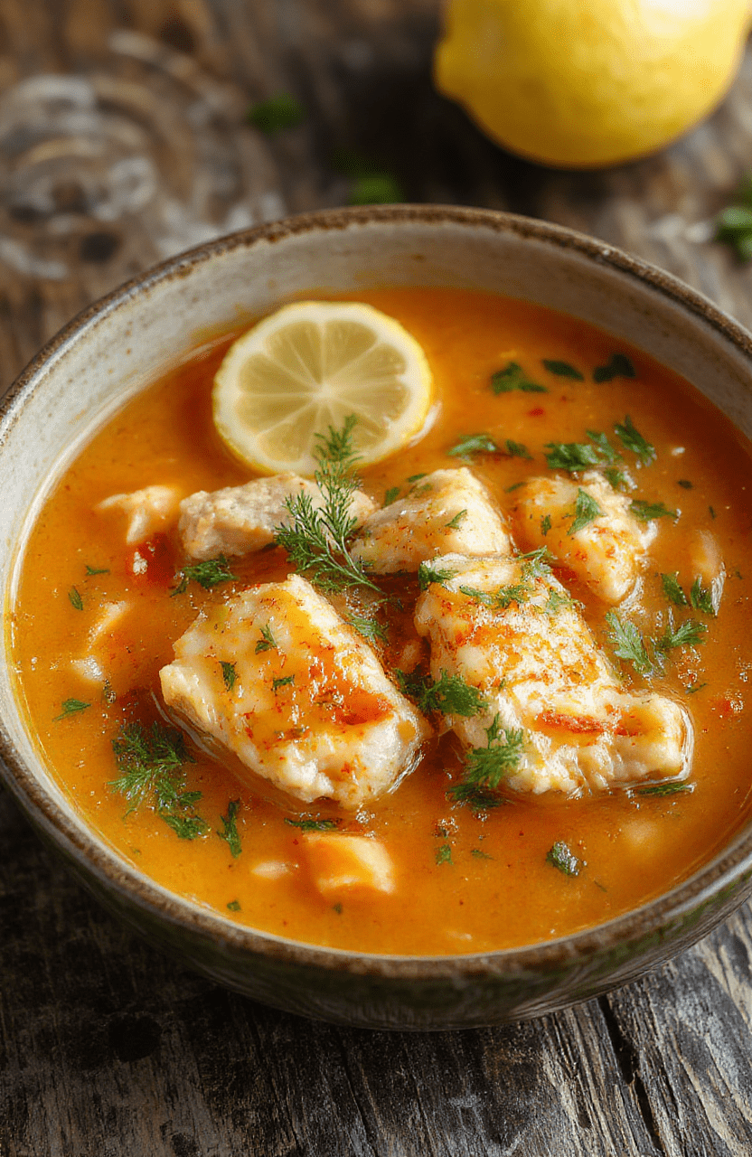 A vibrant bowl of Greek lemon chicken soup featuring tender shredded chicken, bright yellow lemon-infused broth, fresh herbs, and sliced vegetables, garnished with lemon wedges and herbs, arranged on a rustic wooden table with a neutral backdrop, textures of the broth, chicken, and herbs prominently visible.