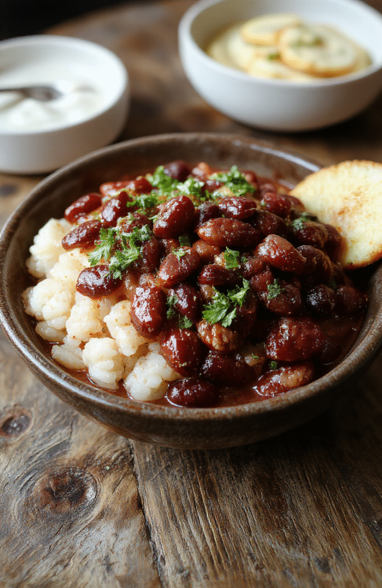 A colorful bowl of Louisiana red beans and rice, topped with chopped green onions and a slice of cornbread on a rustic wooden table, with vibrant red beans, fluffy rice, and a rich, smoky sauce, styled casually.