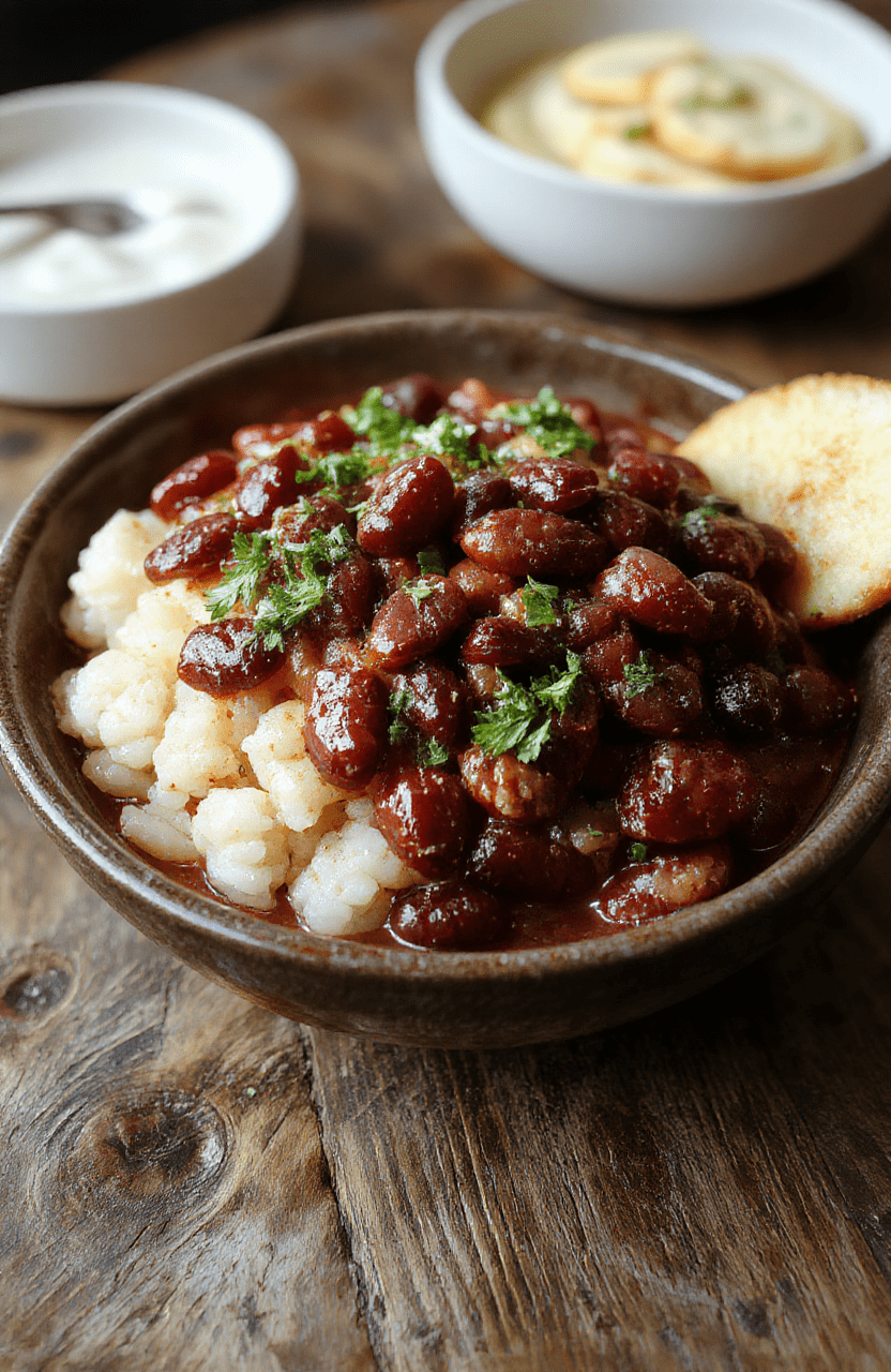 A colorful bowl of Louisiana red beans and rice, topped with chopped green onions and a slice of cornbread on a rustic wooden table, with vibrant red beans, fluffy rice, and a rich, smoky sauce, styled casually.