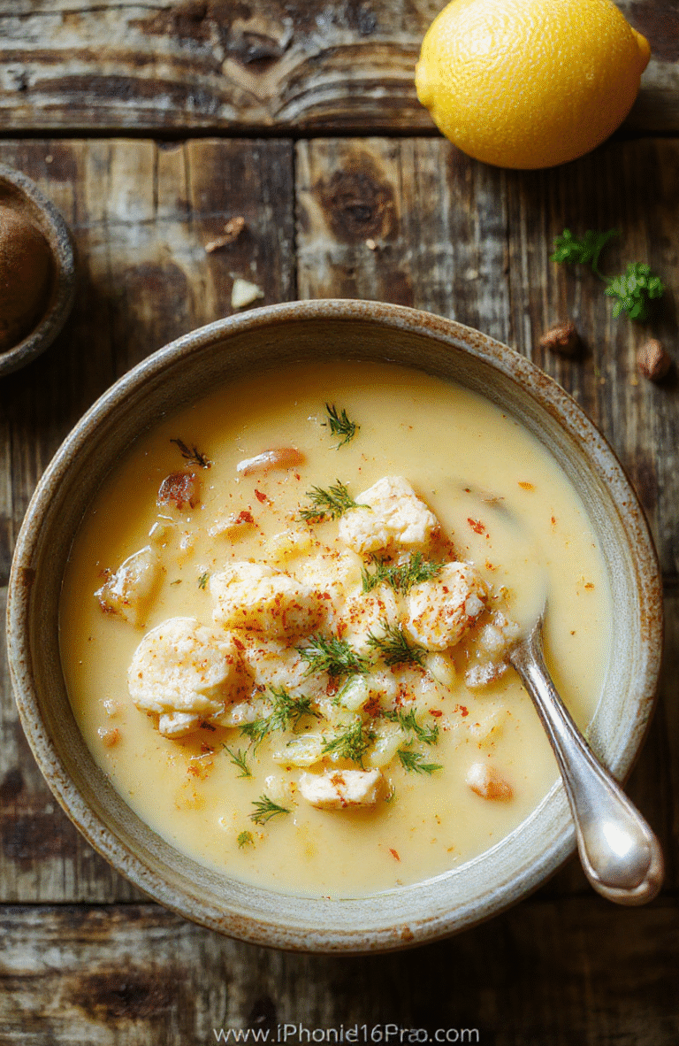 A vibrant bowl of lemon chicken orzo soup garnished with fresh herbs, featuring tender chicken pieces, translucent orzo pasta, and colorful vegetables against a rustic wooden background, highlighting textures and bright colors.