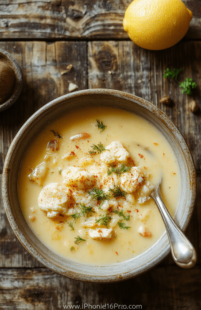 A vibrant bowl of lemon chicken orzo soup garnished with fresh herbs, featuring tender chicken pieces, translucent orzo pasta, and colorful vegetables against a rustic wooden background, highlighting textures and bright colors.