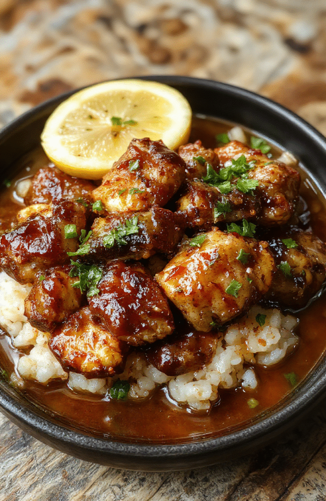 A vibrant bowl featuring caramelised soy chicken with a rich glaze, surrounded by fresh garlic and ginger slices in a flavorful broth, topped with green onions and sesame seeds, served over fluffy rice on a rustic wooden table with natural daylight.