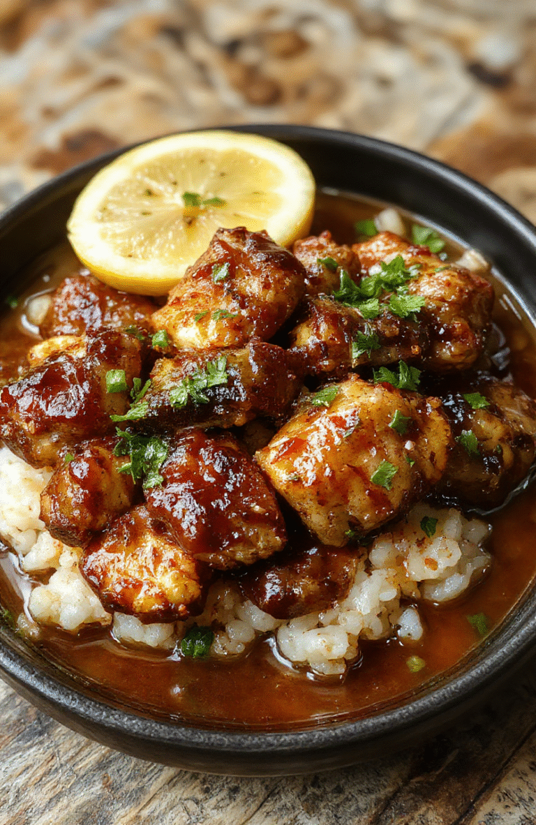 A vibrant bowl featuring caramelised soy chicken with a rich glaze, surrounded by fresh garlic and ginger slices in a flavorful broth, topped with green onions and sesame seeds, served over fluffy rice on a rustic wooden table with natural daylight.