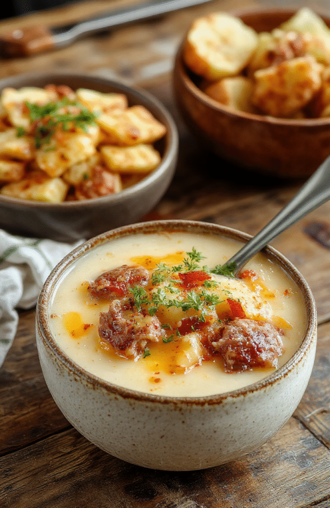 A vibrant bowl of cheesy cheesesteak potato soup garnished with shredded cheese, chopped green onions, and tender slices of steak, served on a rustic wooden table with a spoon and fresh ingredients around.