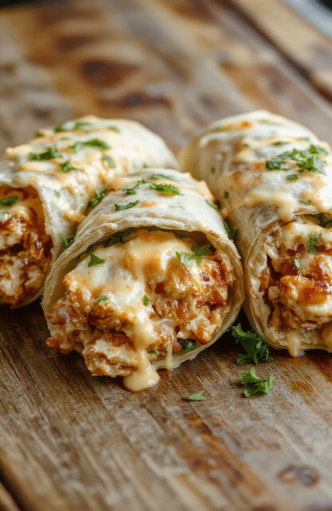 A vibrant plate of cheesy garlic chicken wraps arranged neatly on a rustic wooden surface, showcasing golden-brown grilled chicken, melted cheese, fresh leafy greens, and a drizzle of garlic sauce, styled with a few garlic cloves and herbs for a fresh look.